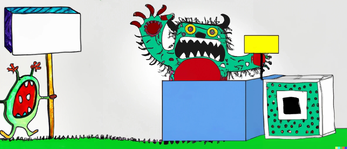 A monster jumps out of a colorful box, holding a sign.