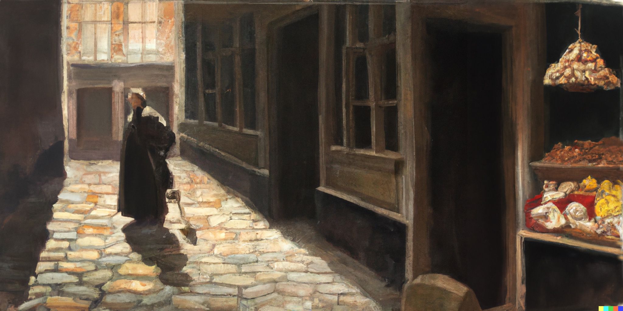 A menacing bald sailor stands to one side of a cobblestone street, holding a long bone spear. Rembrandt school, oil on canvas.