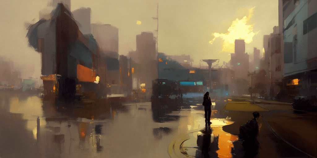 A lonely figure stands in the rain at a crossroads