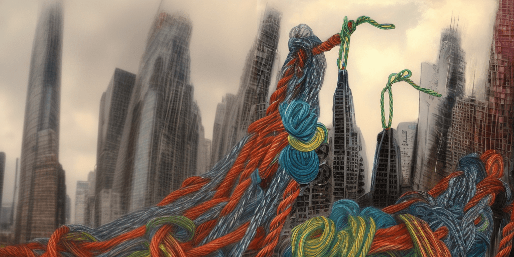 A figure made of yarn struggles to make it through an urban forest of tangles