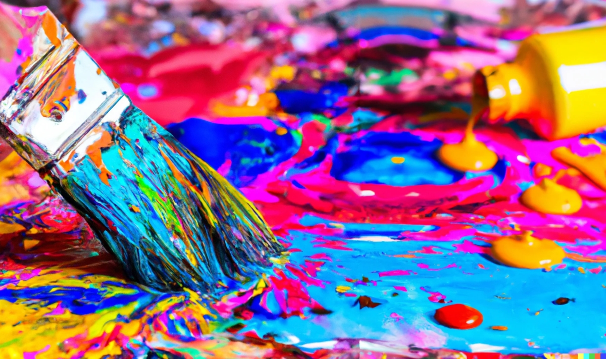 Closeup of a paintbrush splashing colored paint blobs across a canvas