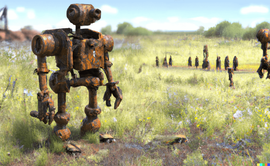 An old abandoned robot rusts away, abandoned in a field.