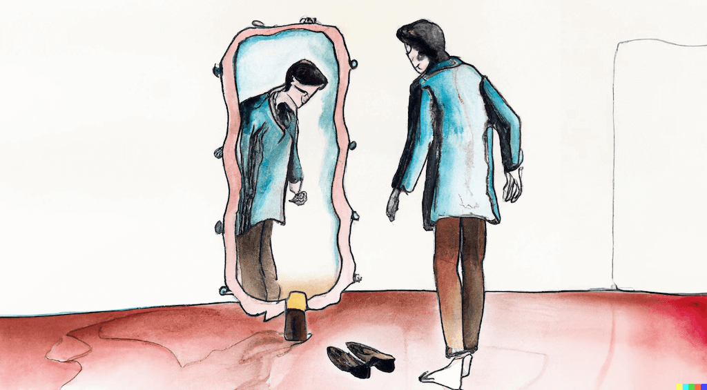 A man looks into the mirror and his mirrored self looks back. He's preparing to step forward, into his own past self.
